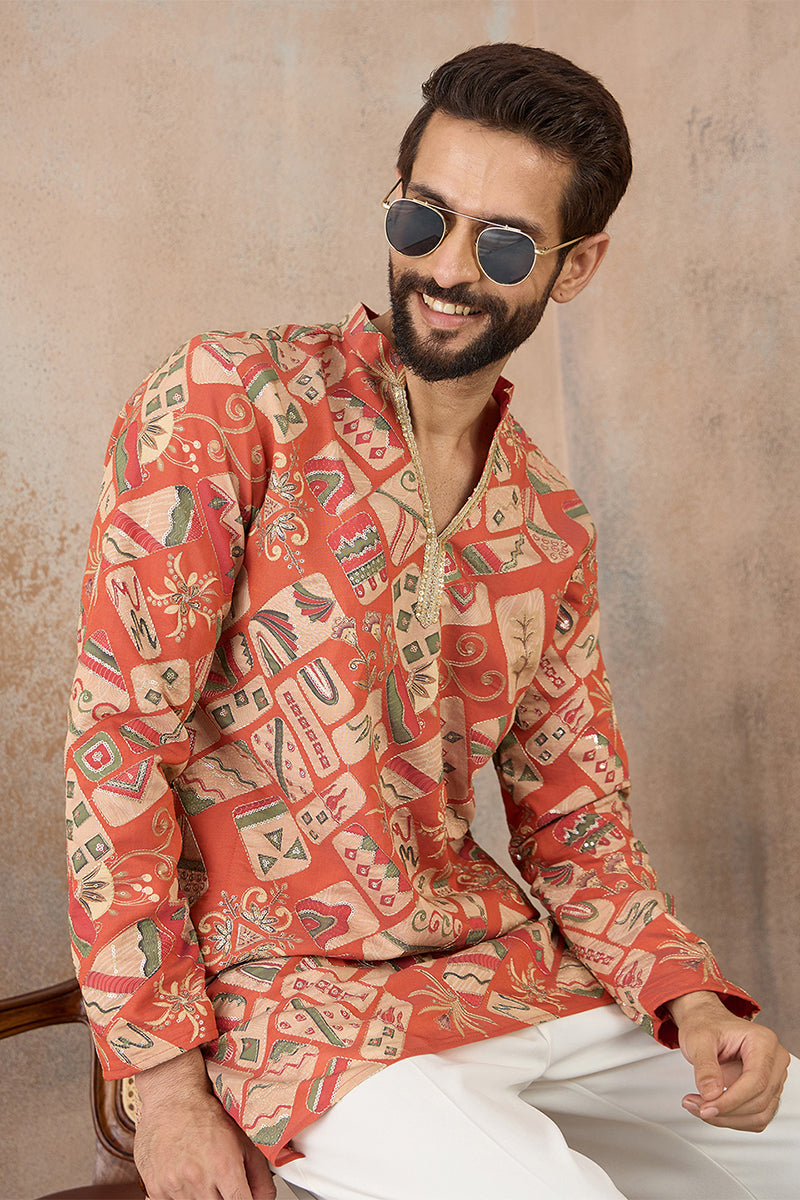 Mens Coral Silk Blend Abstract Embroidered Kurta