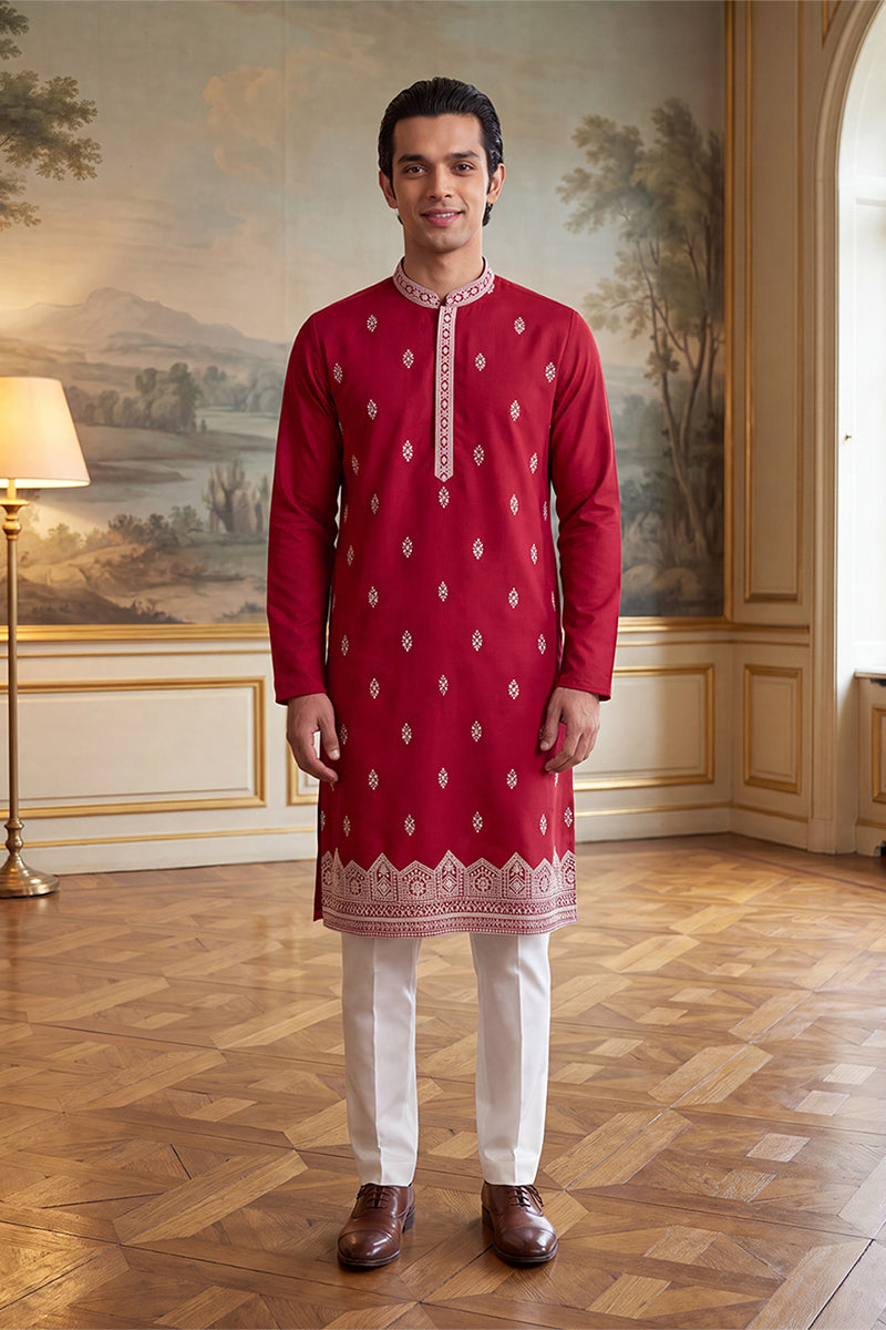 Mens Pink Silk Blend Solid Embroidered Kurta