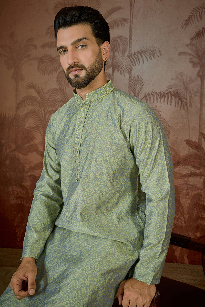 Mens Green Jacquard Solid Embroidered Kurta With Trouser