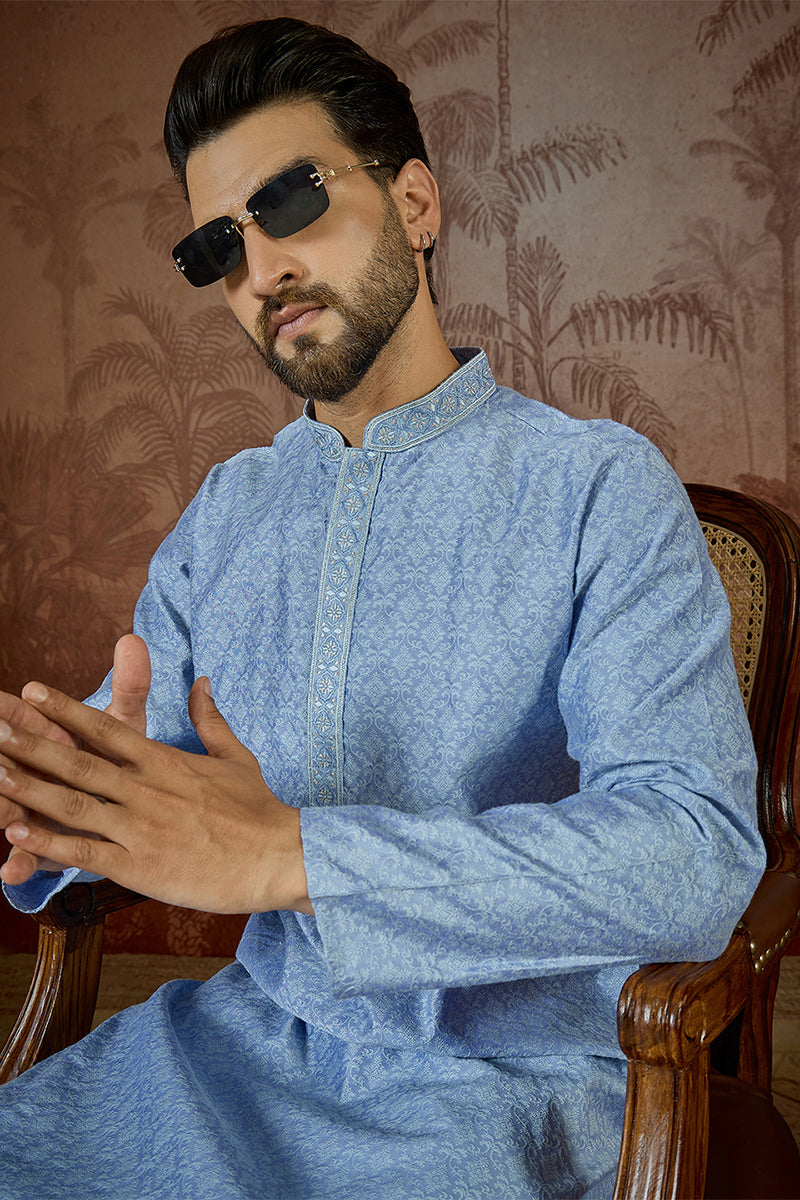 Mens Blue Jacquard Solid Embroidered Kurta With Trouser