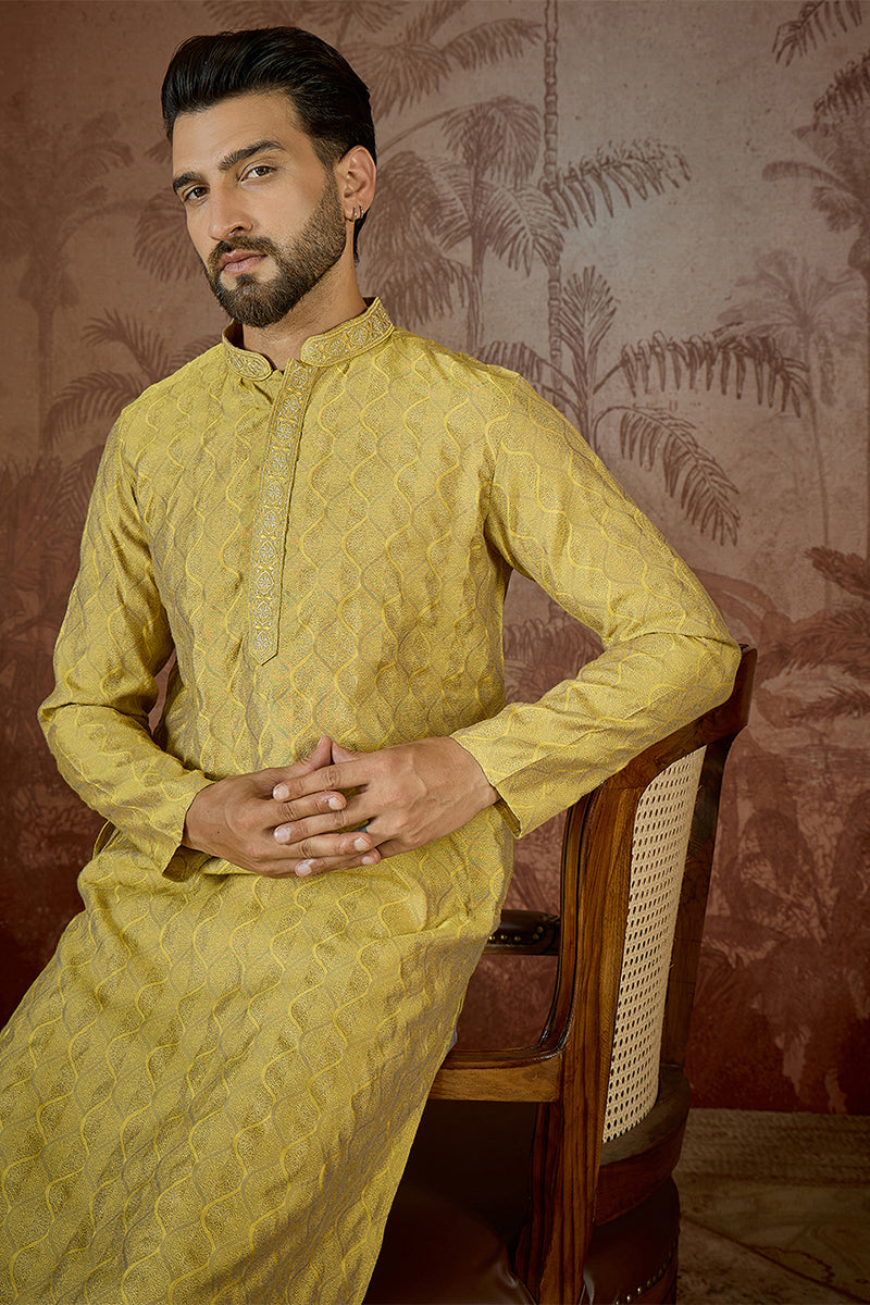 Mens Yellow Jacquard Solid Embroidered Kurta