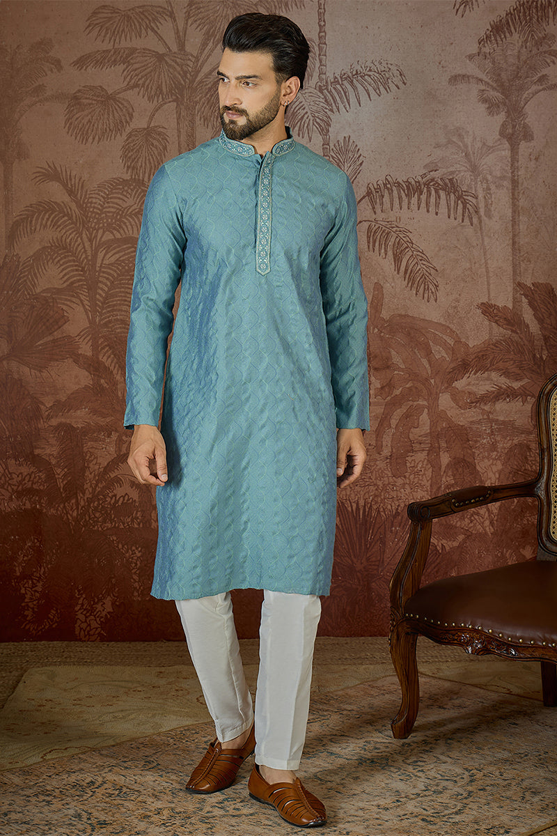 Mens Teal Jacquard Solid Embroidered Kurta With Trouser