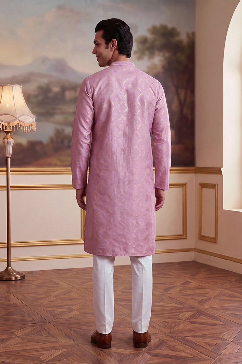 Mens Pink Jacquard Geometric Embroidered Kurta