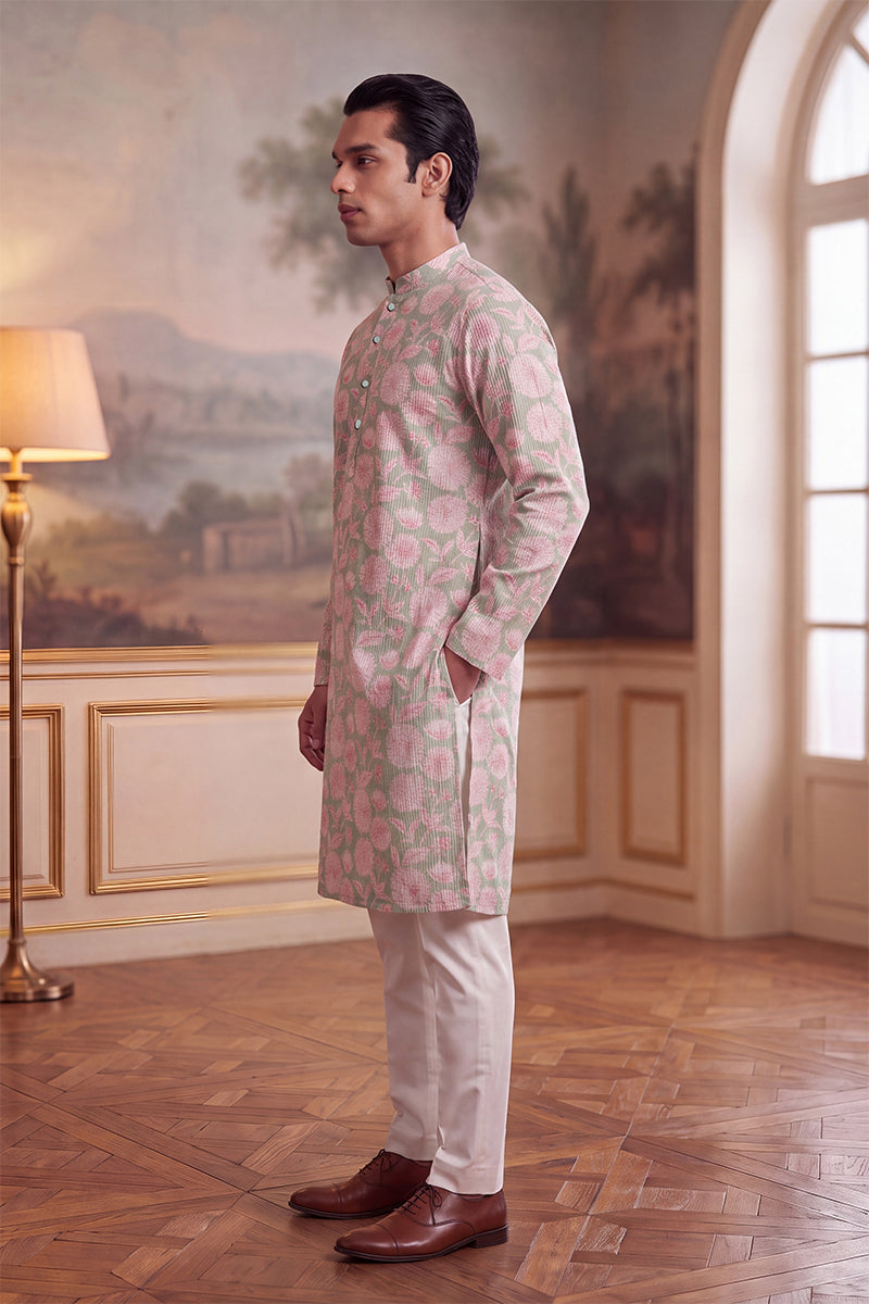 Mens Green Linen Blend Floral Printed Kurta
