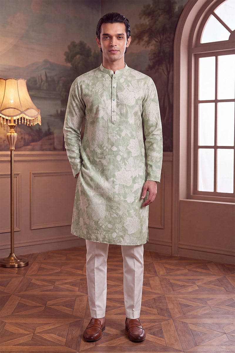 Mens Green Linen Blend Floral Printed Kurta With Trouser