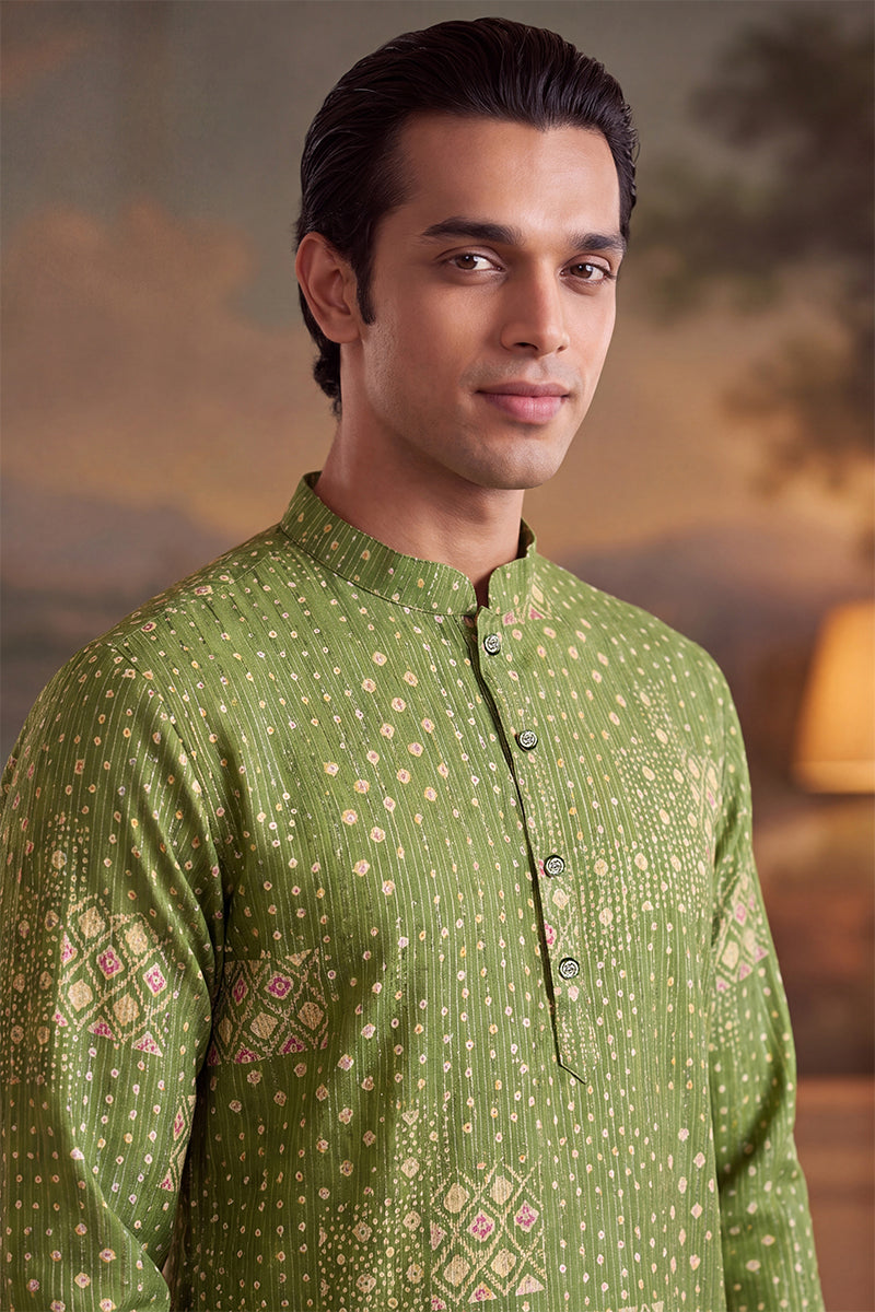 Mens Green Linen Blend Bandhani Printed Kurta
