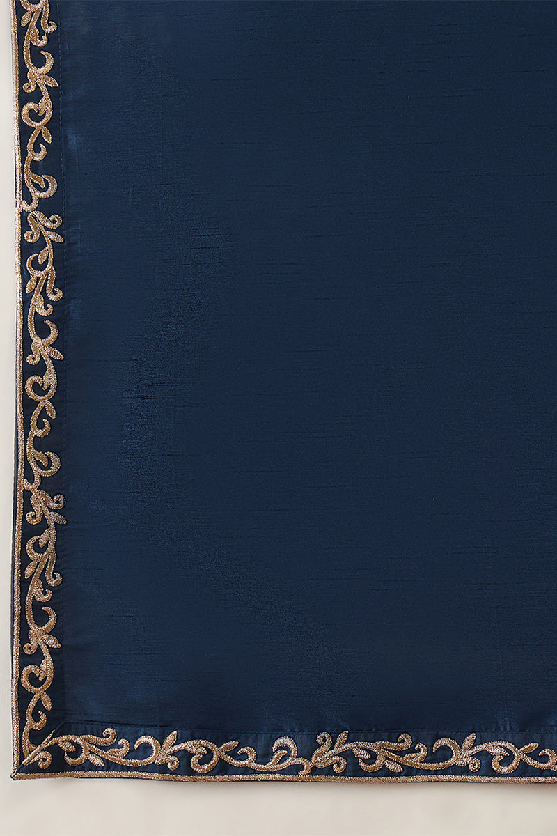 Mens Blue Silk Blend Solid Embroidered Kurta With Dupatta