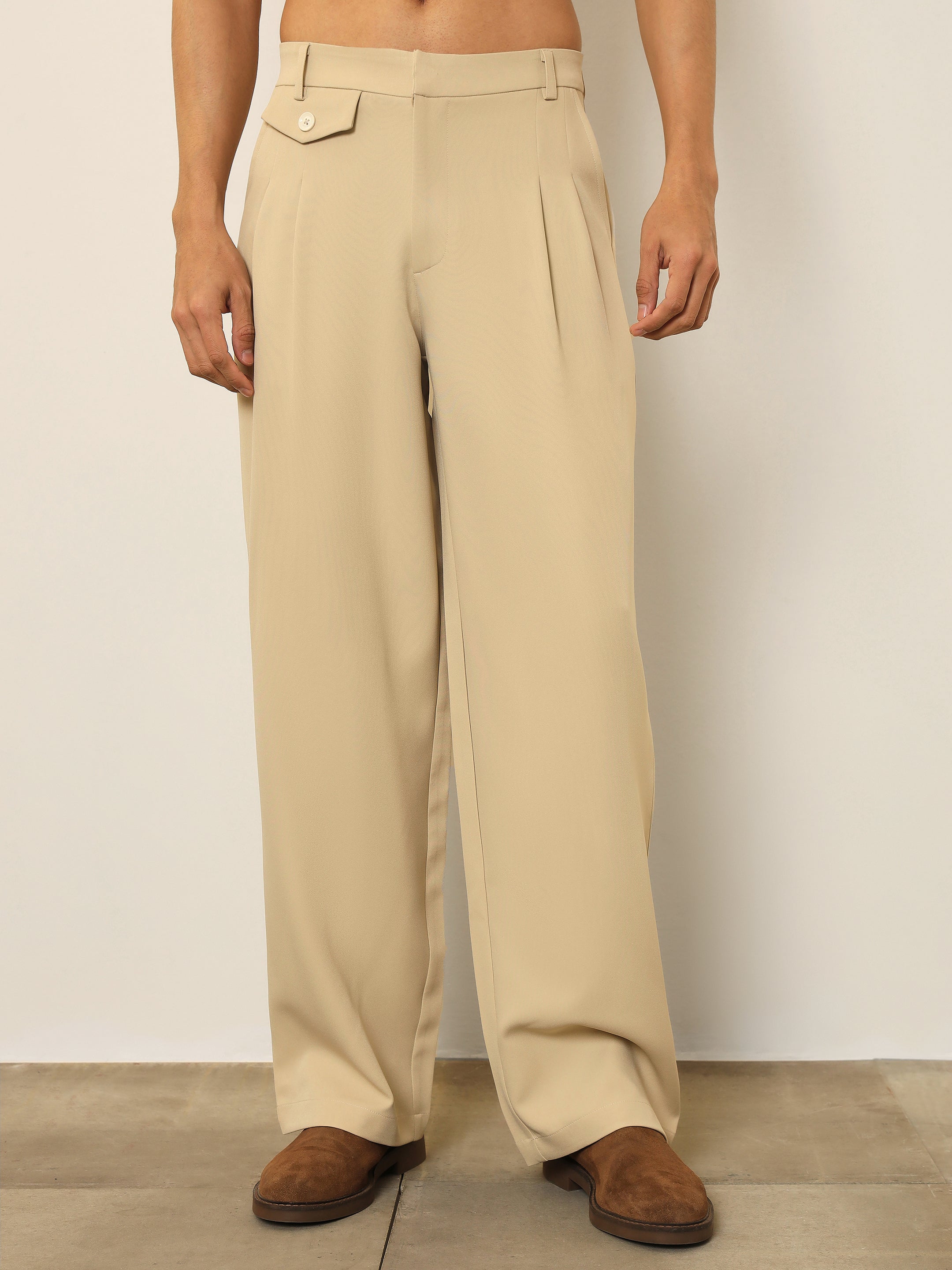 Light Beige Mock Flap Pocket Pleated Korean Pants MASCLN SASSAFRAS