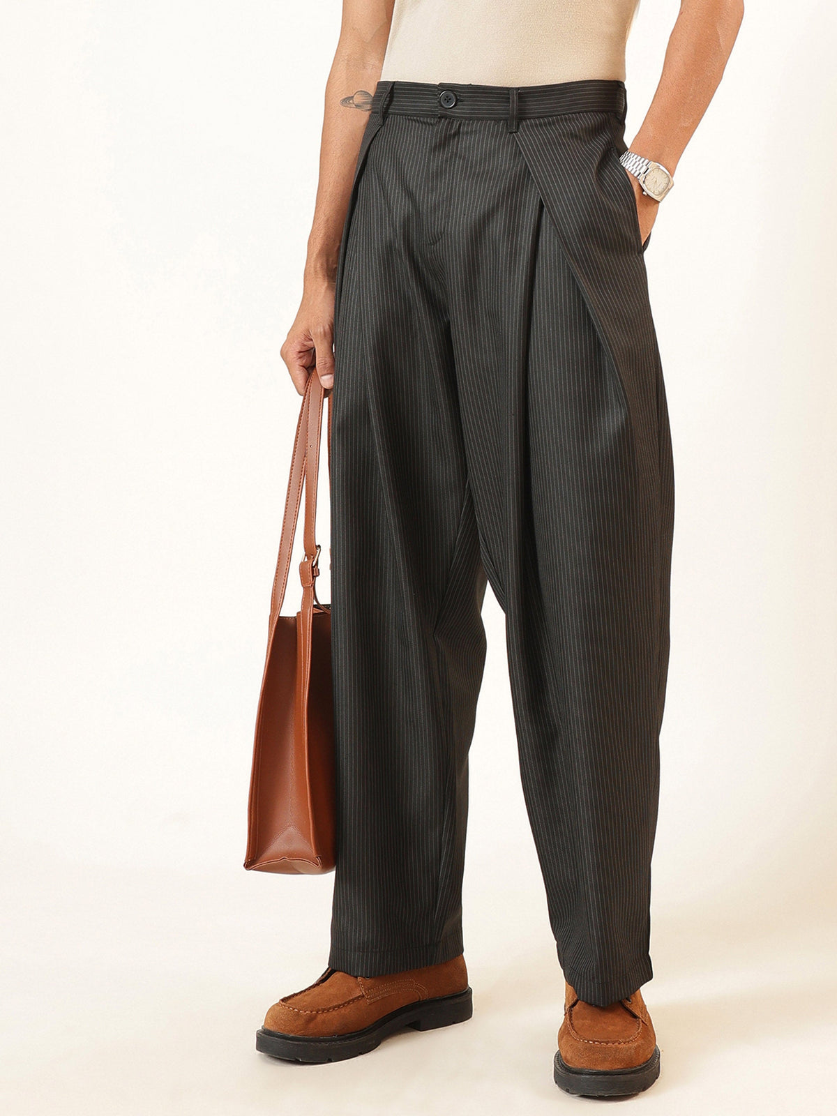 Black & White Stripe Invert Pleat High waist Korean Pants-MASCLN SASSAFRAS