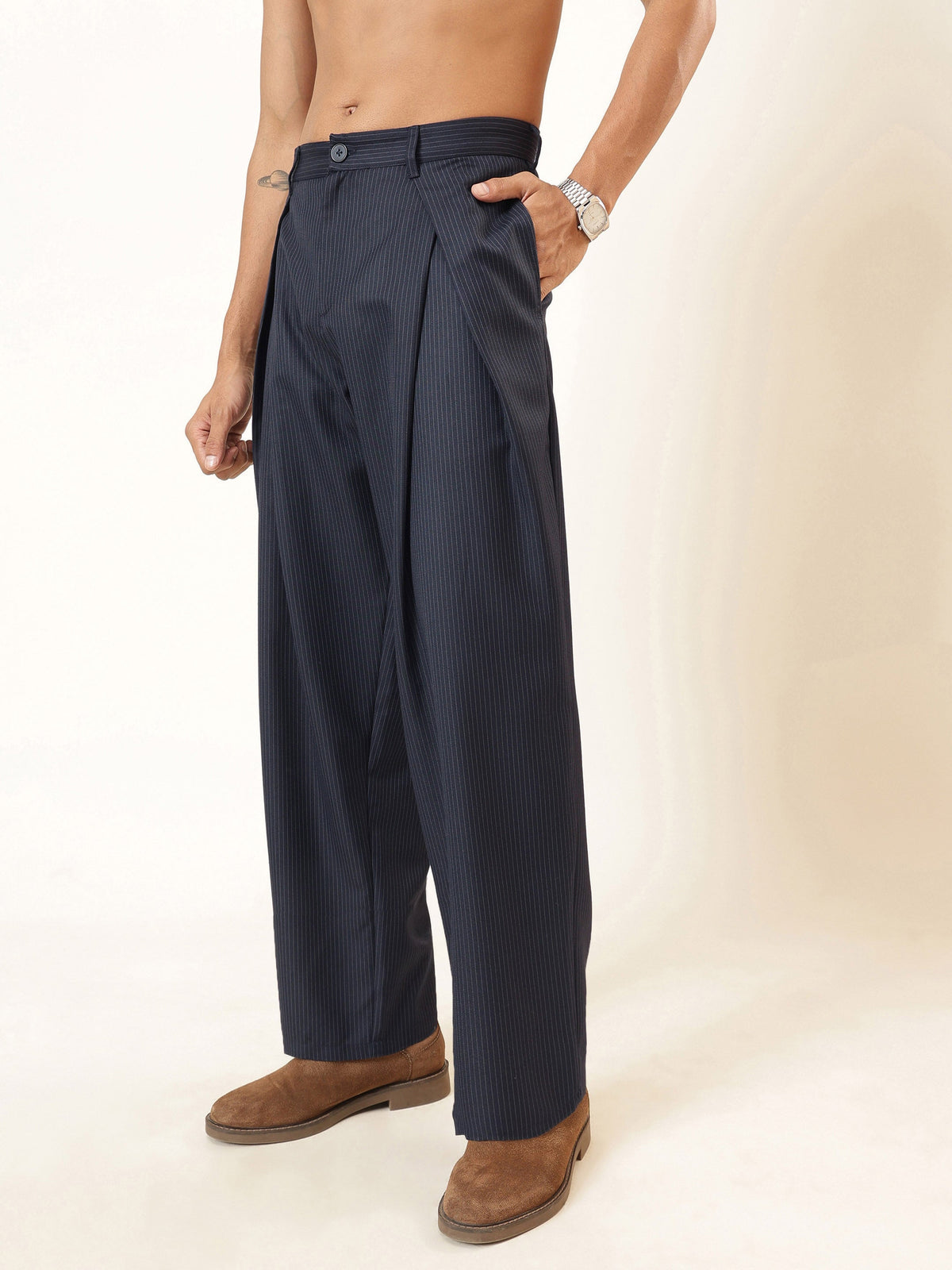 Blue & White Stripe Invert Pleat High Pleat korean Pants-MASCLN SASSAFRAS