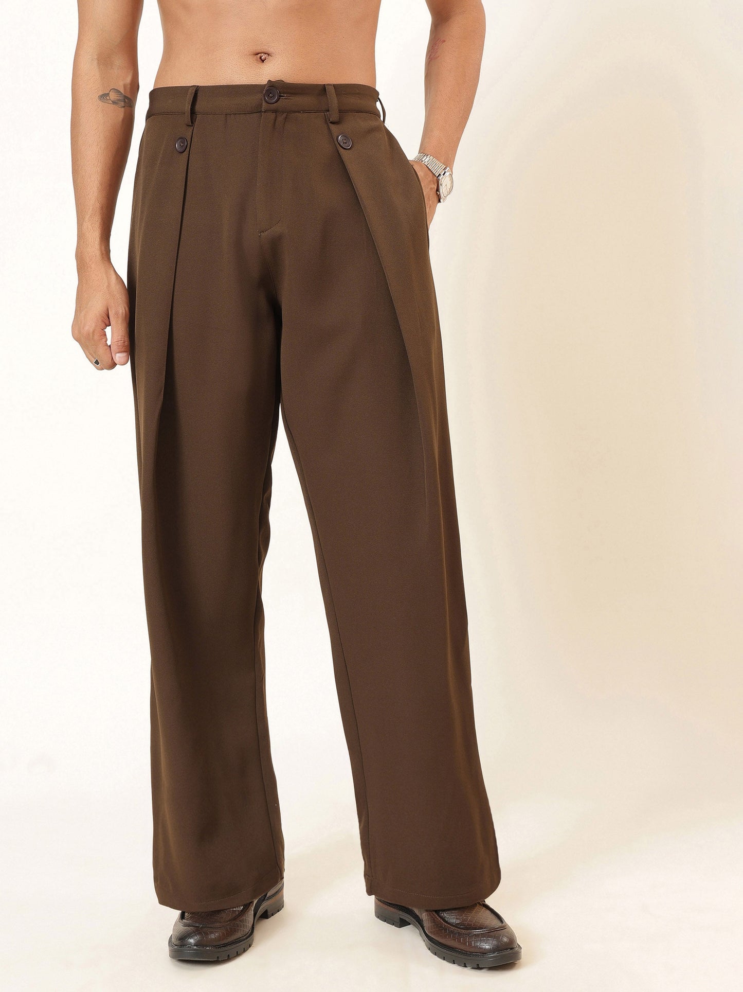 Tan Brown High Waist Button Pleat Hight Waist Korean Pants-MASCLN SASSAFRAS