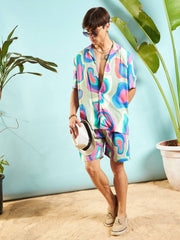 MASCLN SASSAFRAS - Men Grey & Blue Abstract Shirt With Shorts