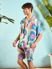 MASCLN SASSAFRAS - Men Grey & Blue Abstract Shirt With Shorts