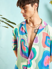 MASCLN SASSAFRAS - Men Grey & Blue Abstract Shirt With Shorts