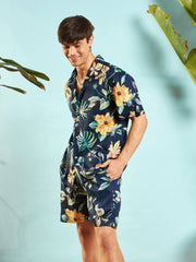MASCLN SASSAFRAS - Men Navy Blue Tropical Shirt With Shorts