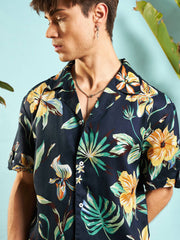 MASCLN SASSAFRAS - Men Navy Blue Tropical Shirt With Shorts