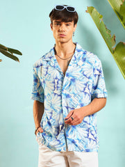 MASCLN SASSAFRAS - Men White & Blue Floral Rollup Sleeves Relax Fit Shirt