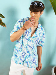 MASCLN SASSAFRAS - Men White & Blue Floral Rollup Sleeves Relax Fit Shirt