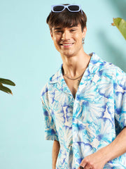 MASCLN SASSAFRAS - Men White & Blue Floral Rollup Sleeves Relax Fit Shirt