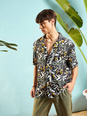 MASCLN SASSAFRAS - قميص رجالي مريح بقصّة مريحة بطبعة محادثة باللونين الرمادي والأسود