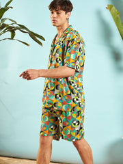 MASCLN SASSAFRAS - قميص رجالي مريح بقصّة هندسية متعددة الألوان باللون الأخضر