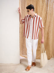 MASCLN SASSAFRAS - Men White & Rust Stripes Relax Fit Crochet Shirt