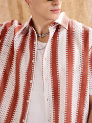 MASCLN SASSAFRAS - Men White & Rust Stripes Relax Fit Crochet Shirt