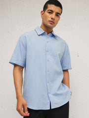 Men Blue Linen Thread Detail Relax Fit Short Sleeve Shirt