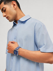 Men Blue Linen Thread Detail Relax Fit Short Sleeve Shirt
