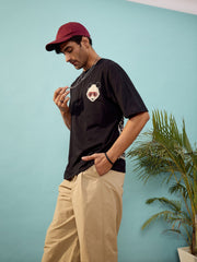 MASCLN SASSAFRAS - تي شيرت كبير الحجم للجنسين بطبعة باندا باللون الأسود