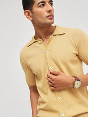 Men Beige Knitted Front Button Open T-Shirt