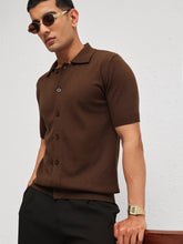 Men Brown Knitted Front Button Open T-Shirt
