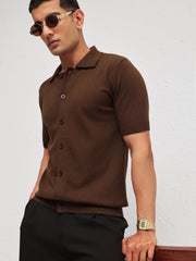 Men Brown Knitted Front Button Open T-Shirt