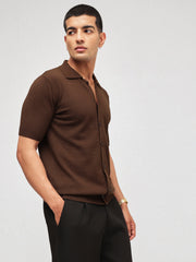 Men Brown Knitted Front Button Open T-Shirt