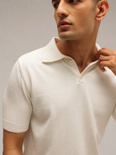Men White Knitted Relax Fit Front Button Polo T-Shirt