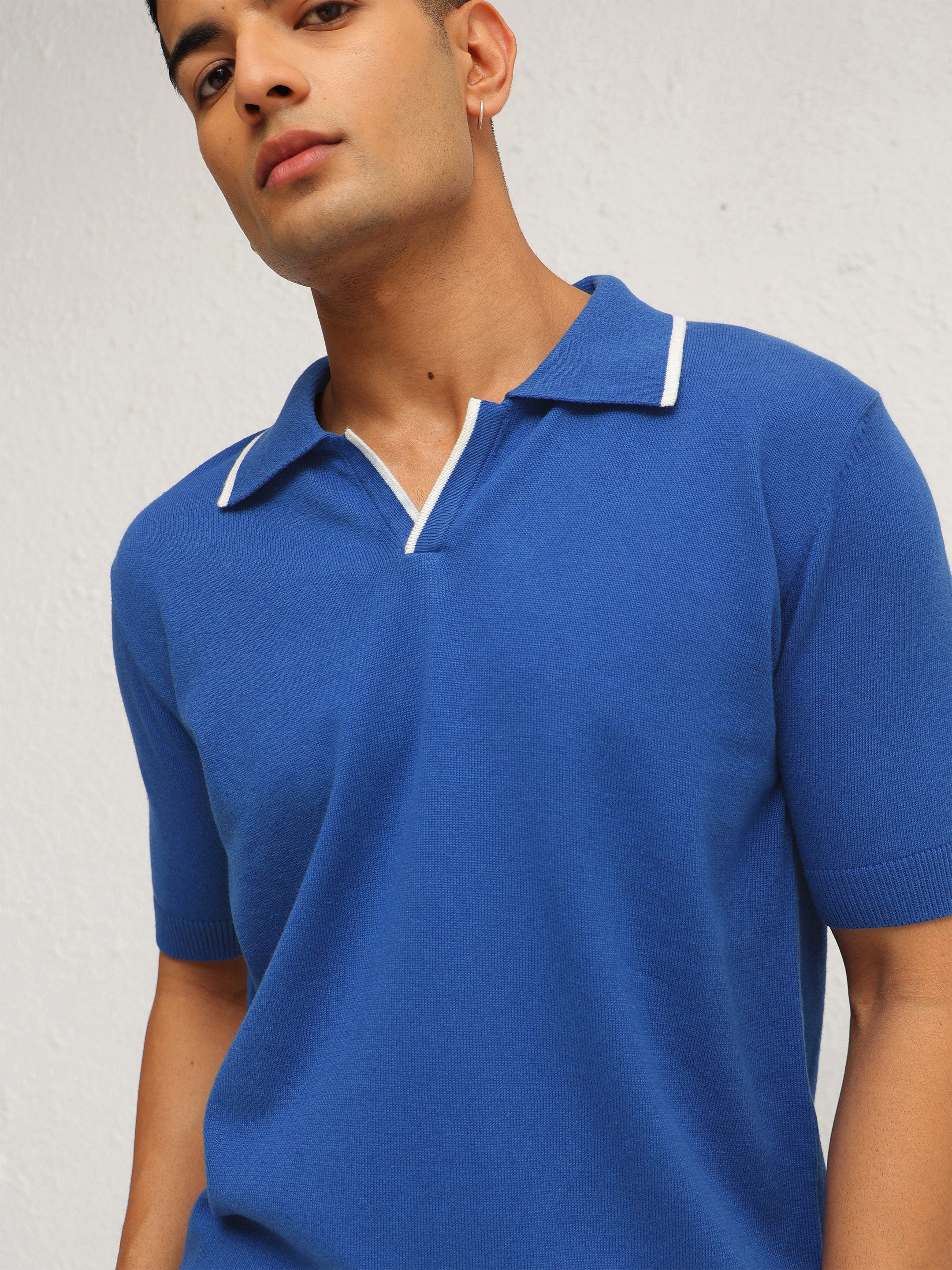 Men Blue Knitted Relax Fit Polo T-Shirt