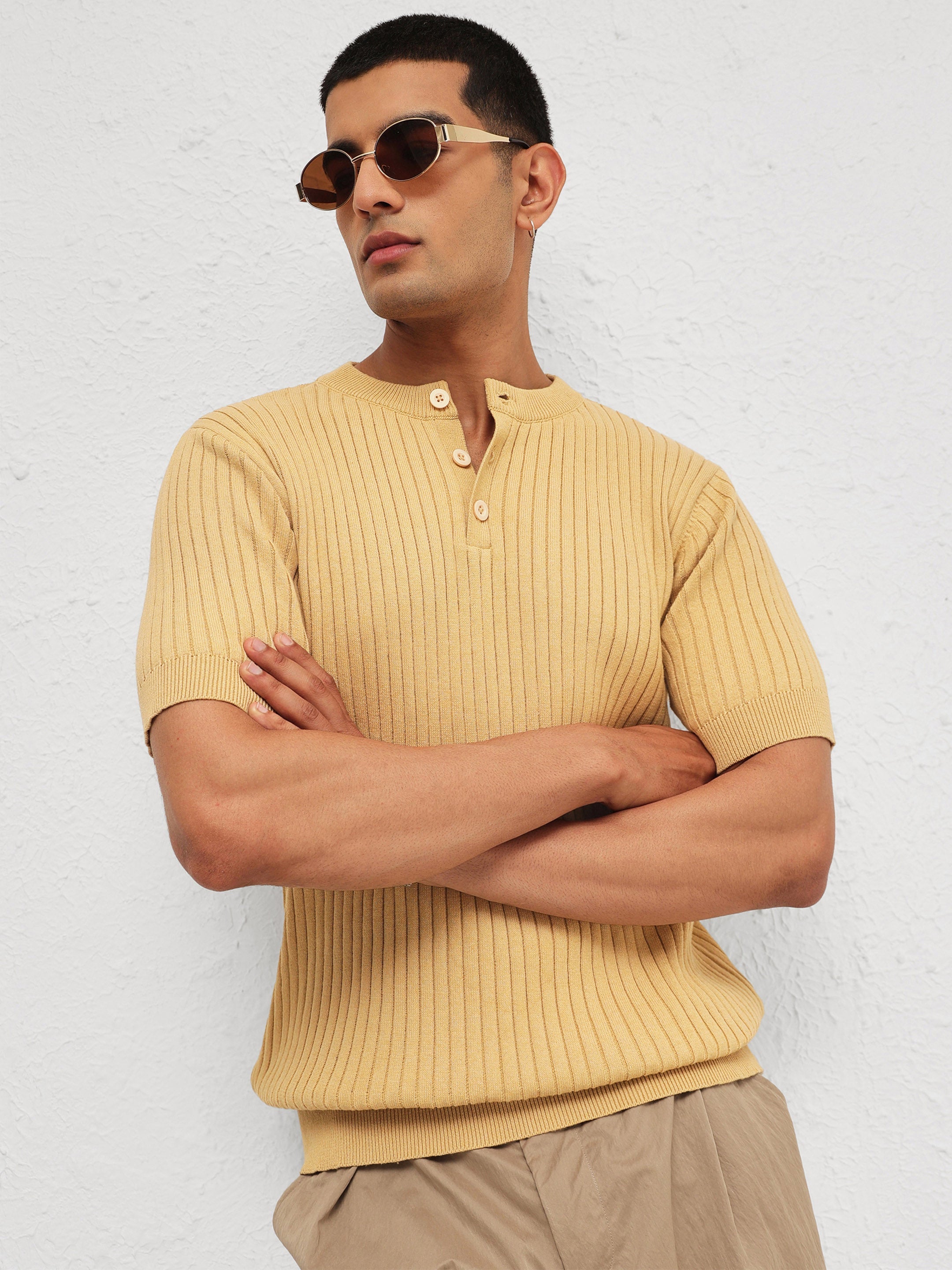 Men Beige Rib Relax Fit Henley T-Shirt
