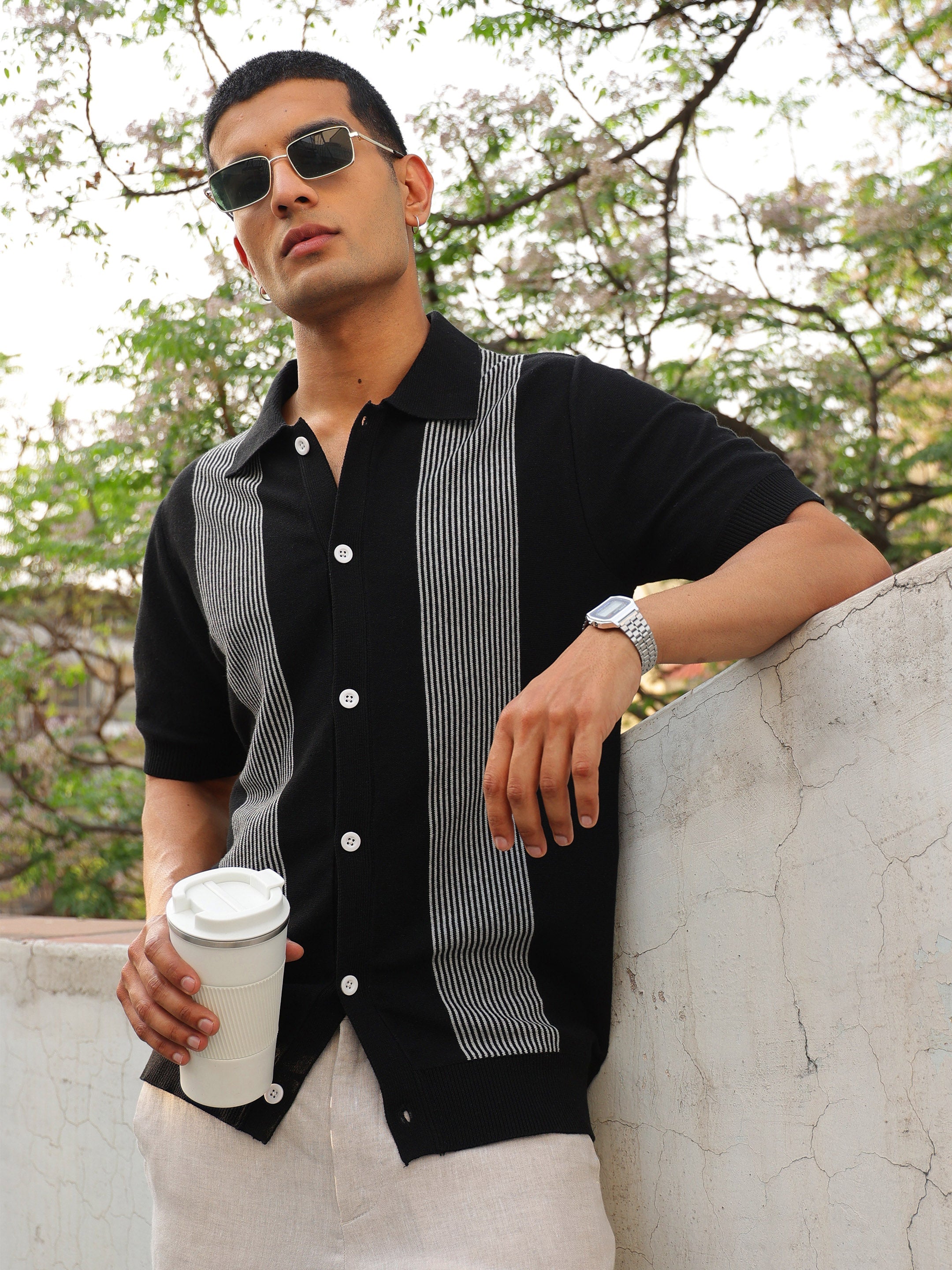Men Black & Grey Front Button Open T-Shirt
