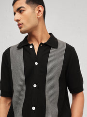 Men Black & Grey Front Button Open T-Shirt