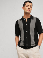 Men Black & Grey Front Button Open T-Shirt