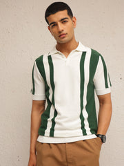 Men White & Green Stripes Relax Fit Polo T-Shirt