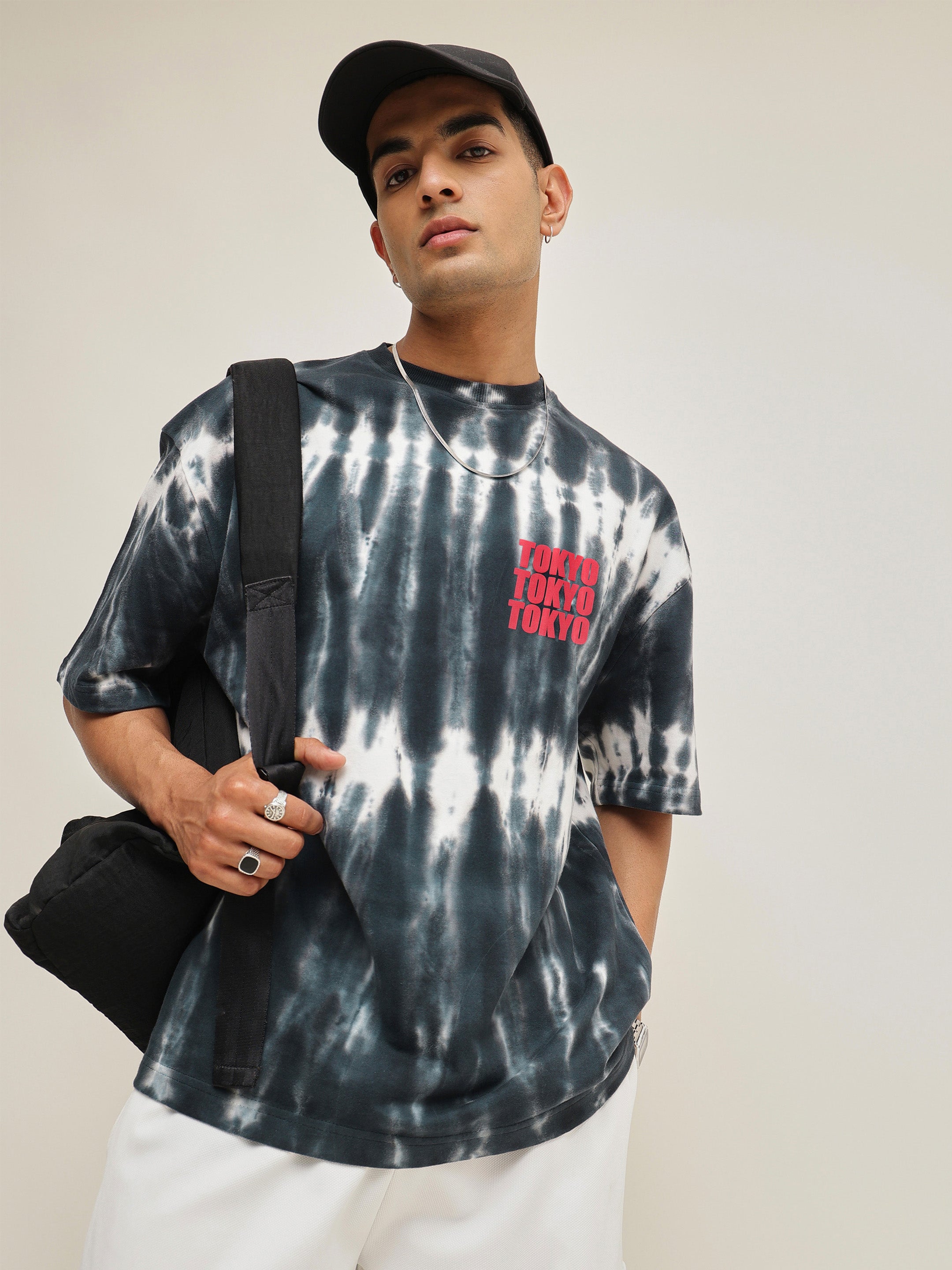 Men Black & White Tie-dye TOKYO Oversize T-Shirt
