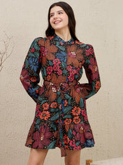 Zummer Black Floral Frill Hem Belted Short Dress