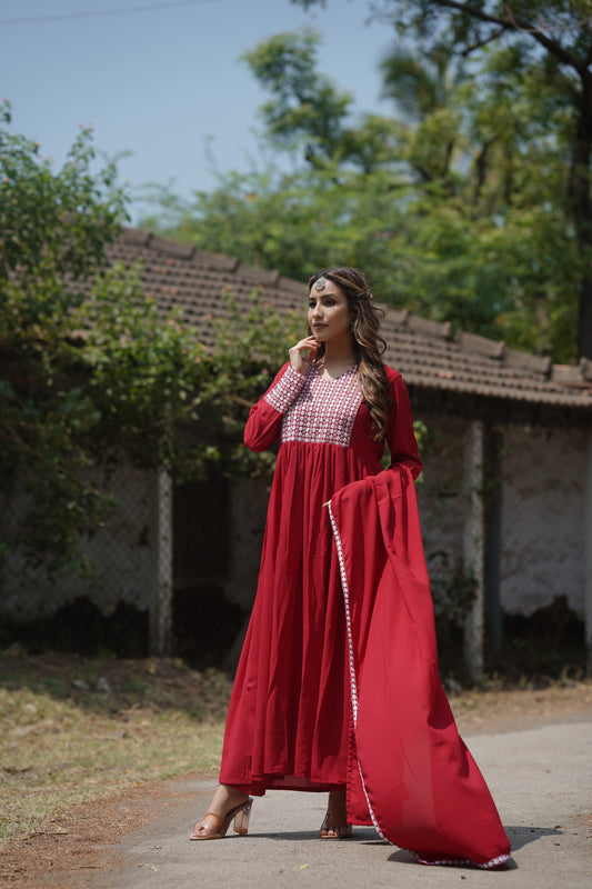 red poly georgette yoke design suit set