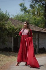 red poly georgette yoke design suit set