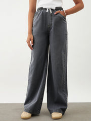 Girls Black Wash Denim Drawstring Pants
