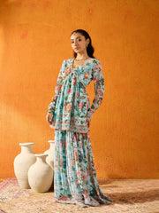 Noh.Voh - SASSAFRAS - Kids -Girls Blue Floral Peplum Top With Sharara Pants