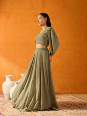 Noh.Voh - SASSAFRAS Kids - Girls Olive Embroidered Skirt With Crop Top