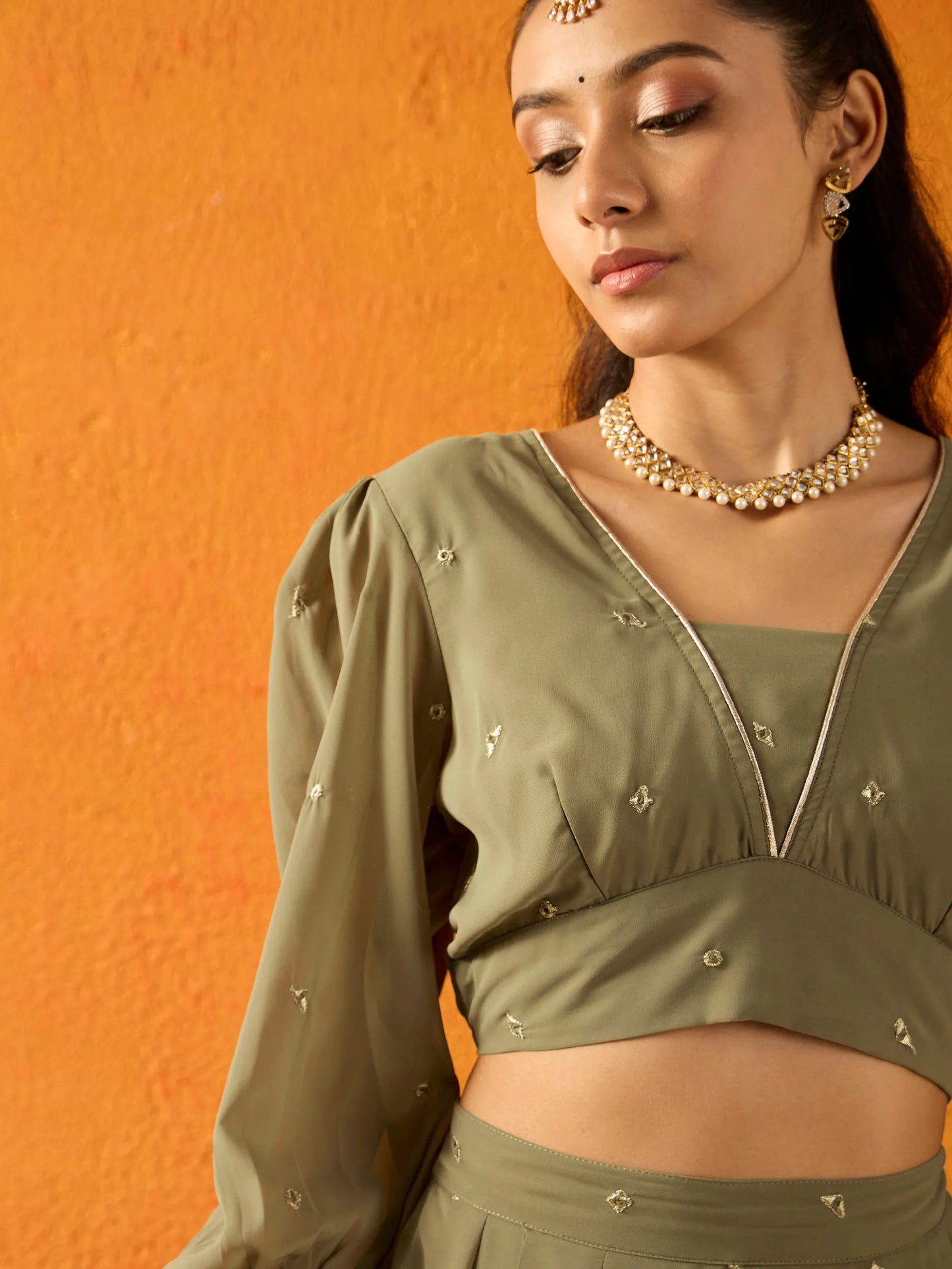 Noh.Voh - SASSAFRAS Kids - Girls Olive Embroidered Skirt With Crop Top