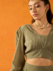 Noh.Voh - SASSAFRAS Kids - Girls Olive Embroidered Skirt With Crop Top